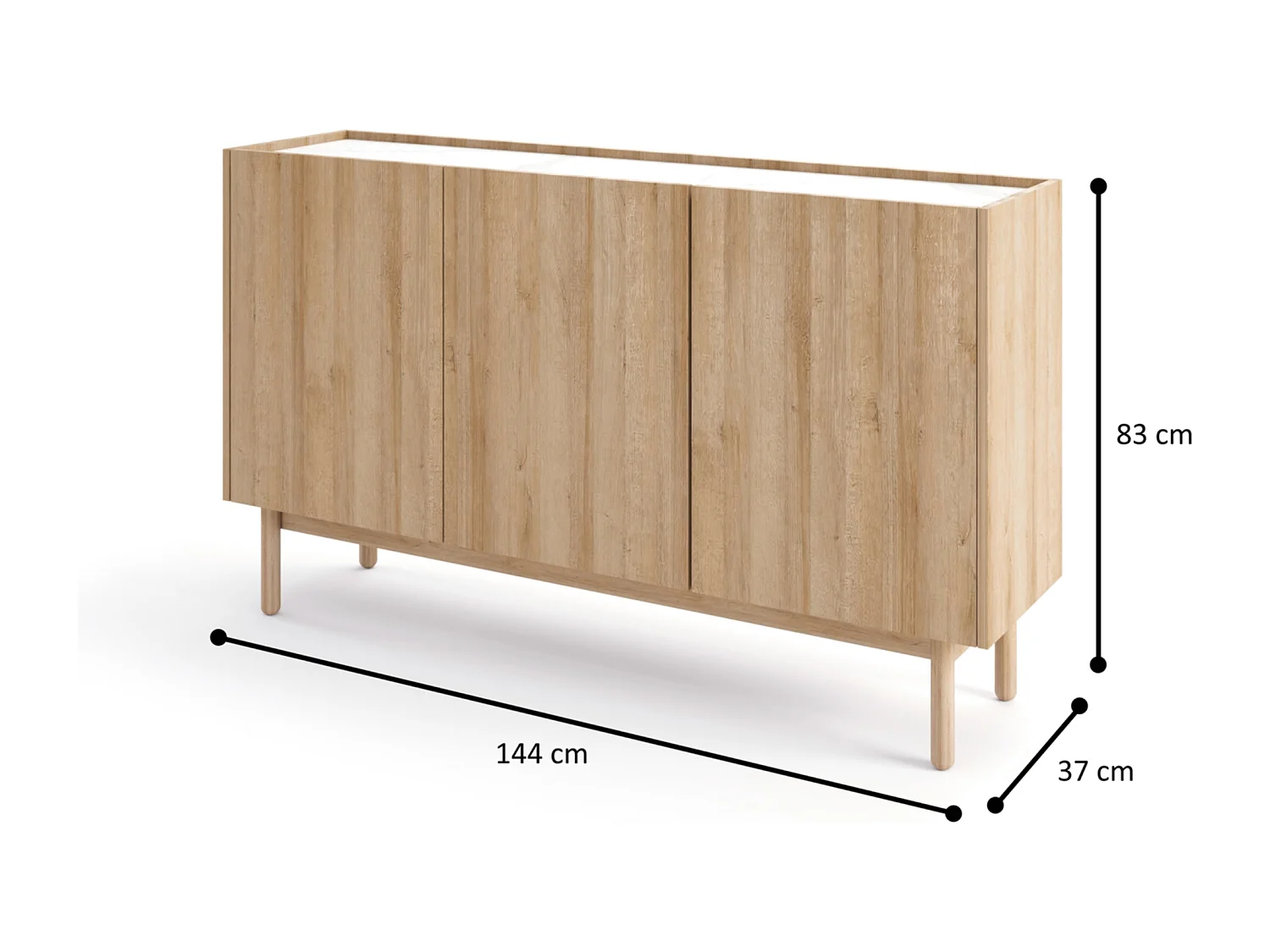 Commode : 3 portes, 6 étagères, Chêne Riviera, 144 cm x 83 cm x 37 cm