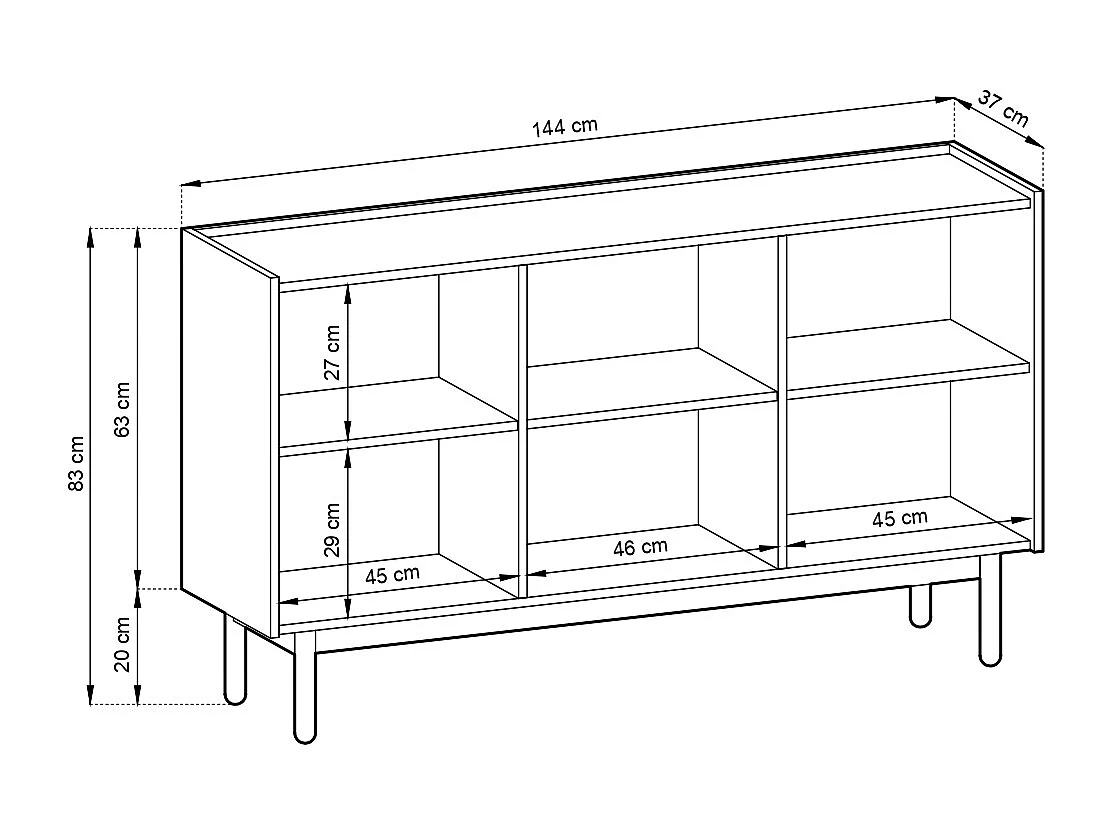Commode : 3 portes, 6 étagères, Chêne Riviera, 144 cm x 83 cm x 37 cm