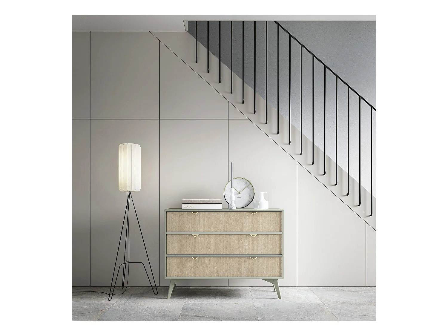 Kommode: 3 Schubladen, Eukalyptus/Scandi-Chevrons, Holzbeine, 106 x 80 x 38 cm