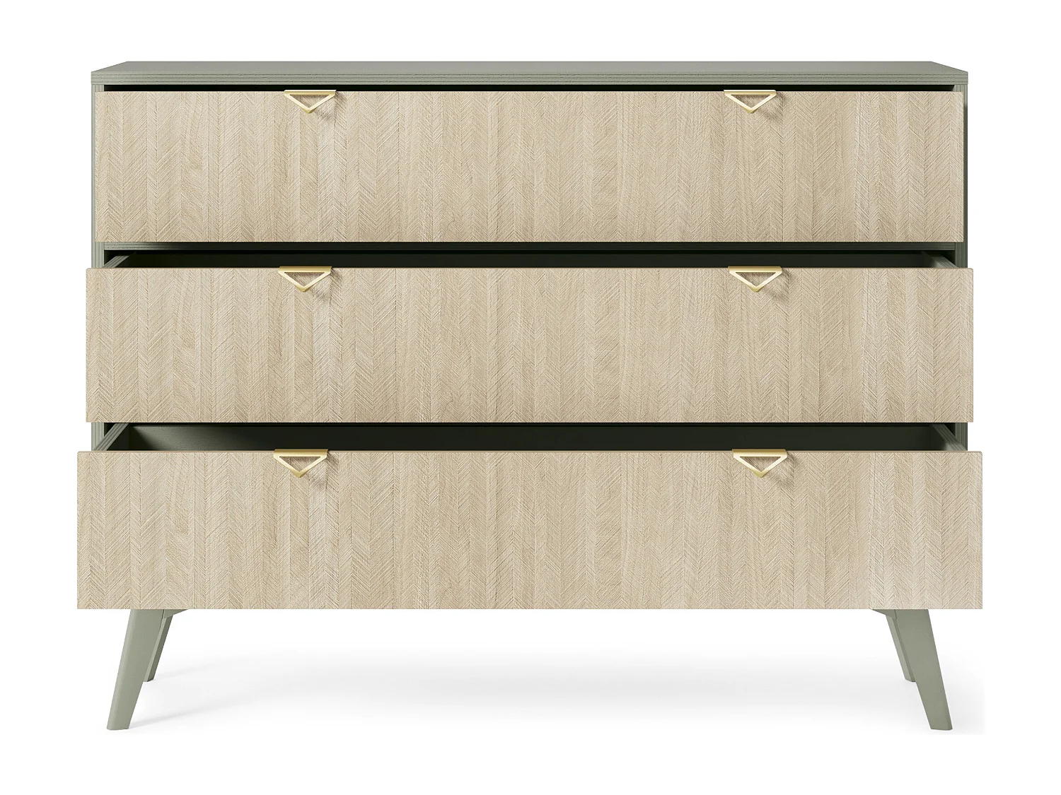 Commode : 3 Tiroirs, Eucalyptus /  Chevrons scandi, Pieds Bois, 106 x 80 x 38cm