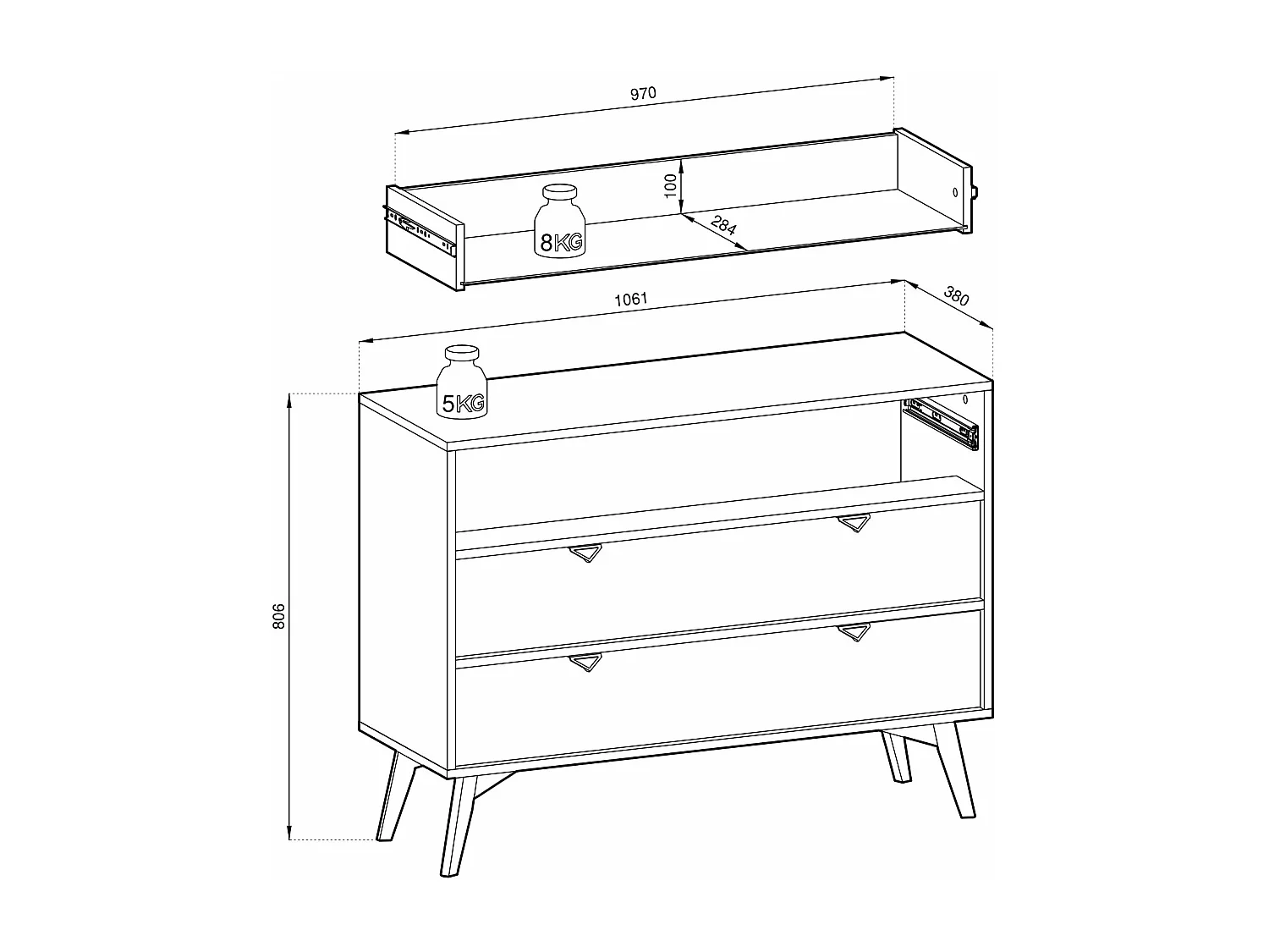 Commode : 3 Tiroirs, Eucalyptus /  Chevrons scandi, Pieds Bois, 106 x 80 x 38cm