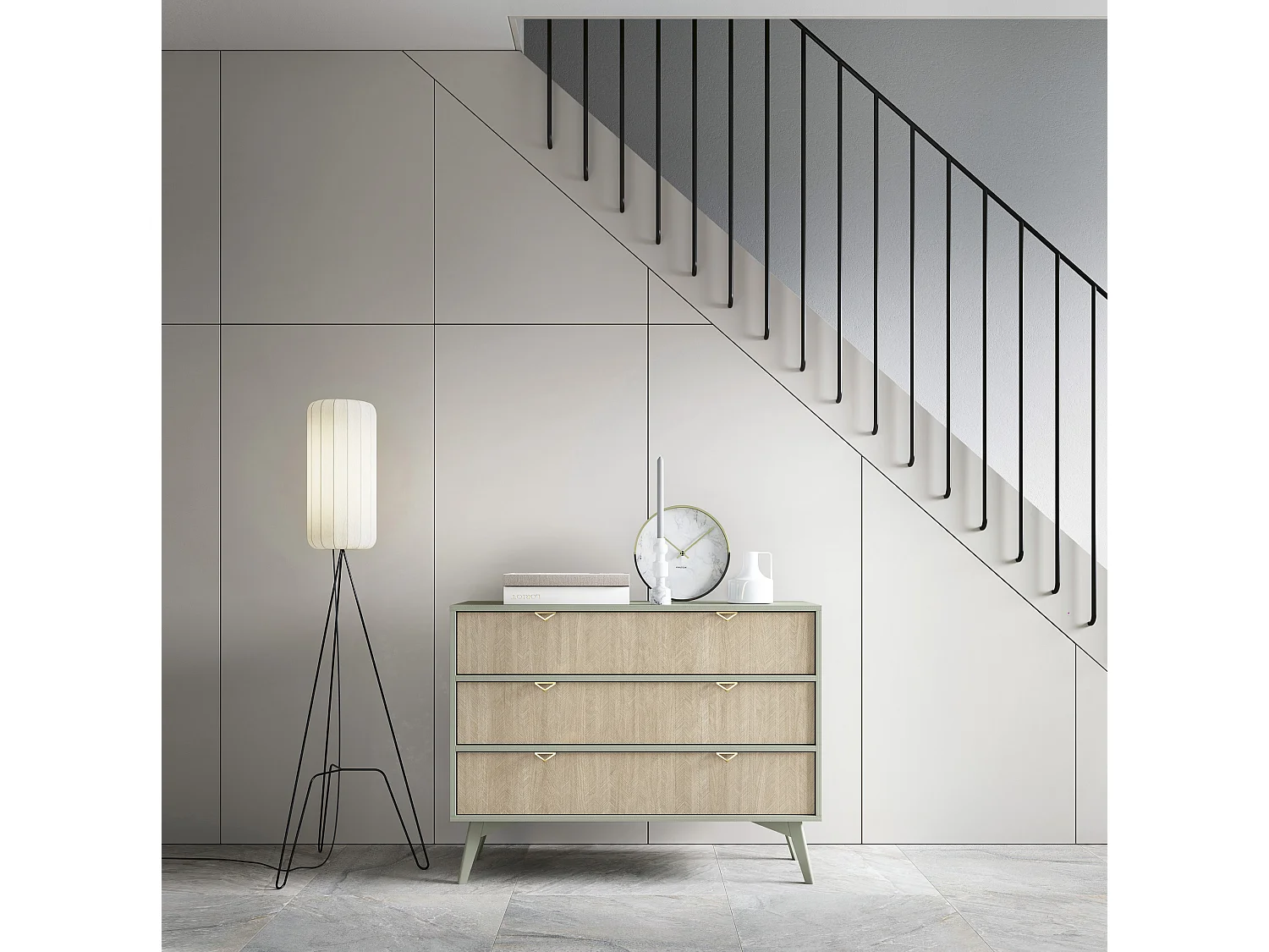 Cassettiera: 3 cassetti, eucalipto/Scandi Chevron, gambe in legno, 106 x 80 x 38 cm