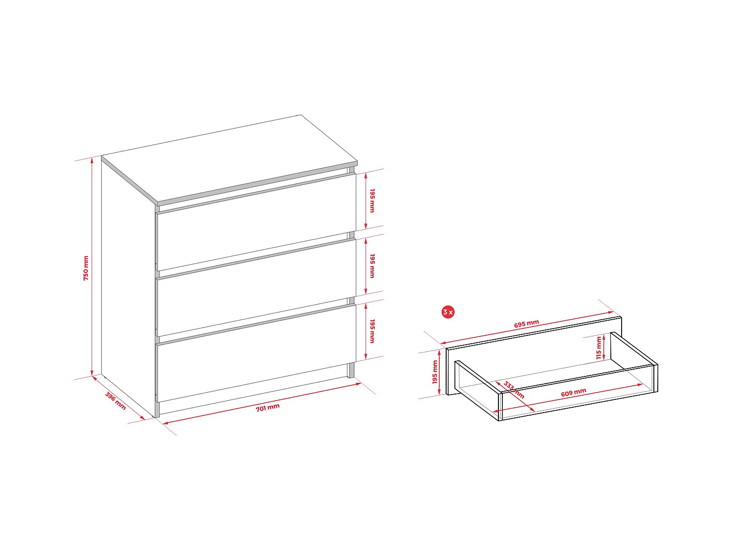 Kommode: 3 Schubladen, Kaschmir, 40 x 75 x 70 cm