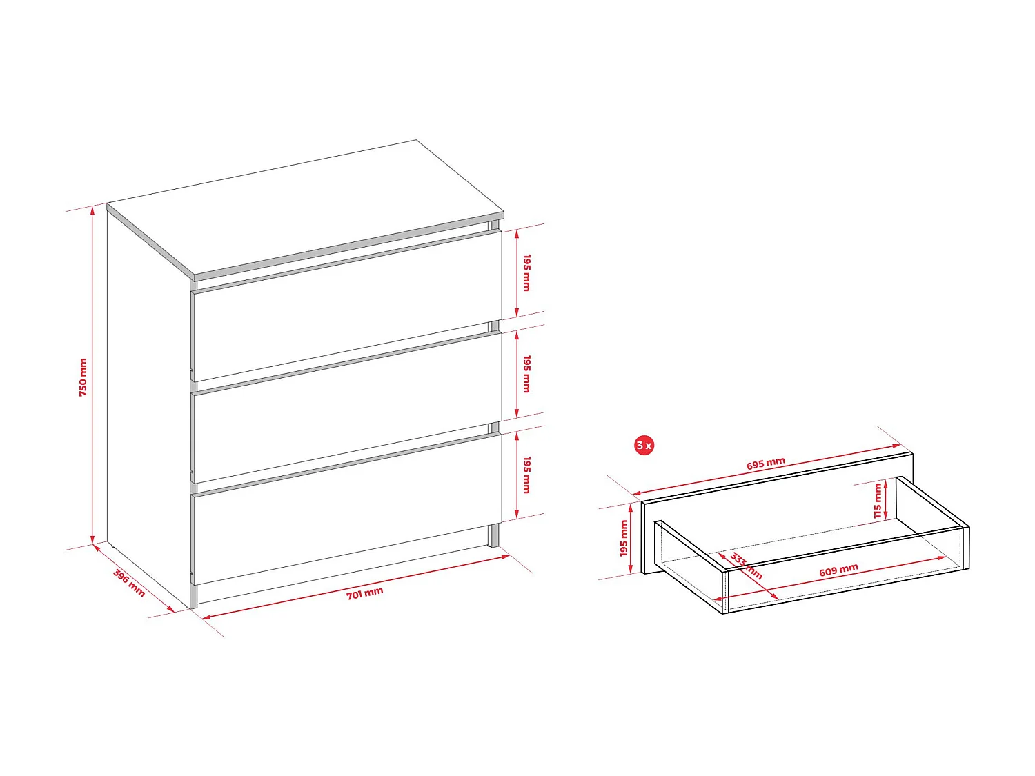 Cómoda: 3 cajones, cachemir, 40 x 75 x 70 cm