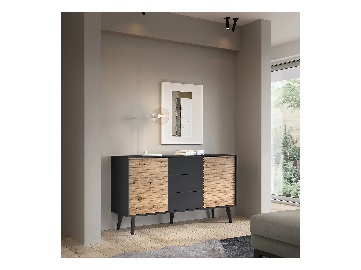 Komoda: 3 szuflady, Czarny / Dąb Artisan, 154 x 83 x 39 cm