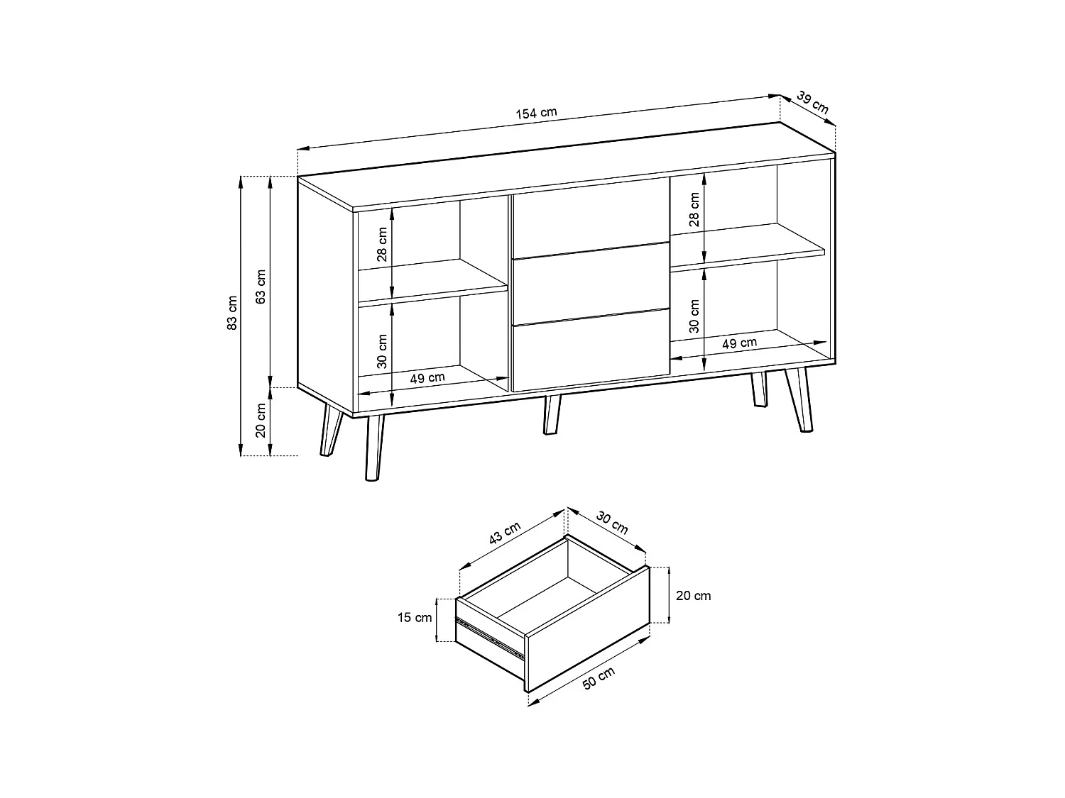 Komoda: 3 szuflady, Czarny / Dąb Artisan, 154 x 83 x 39 cm