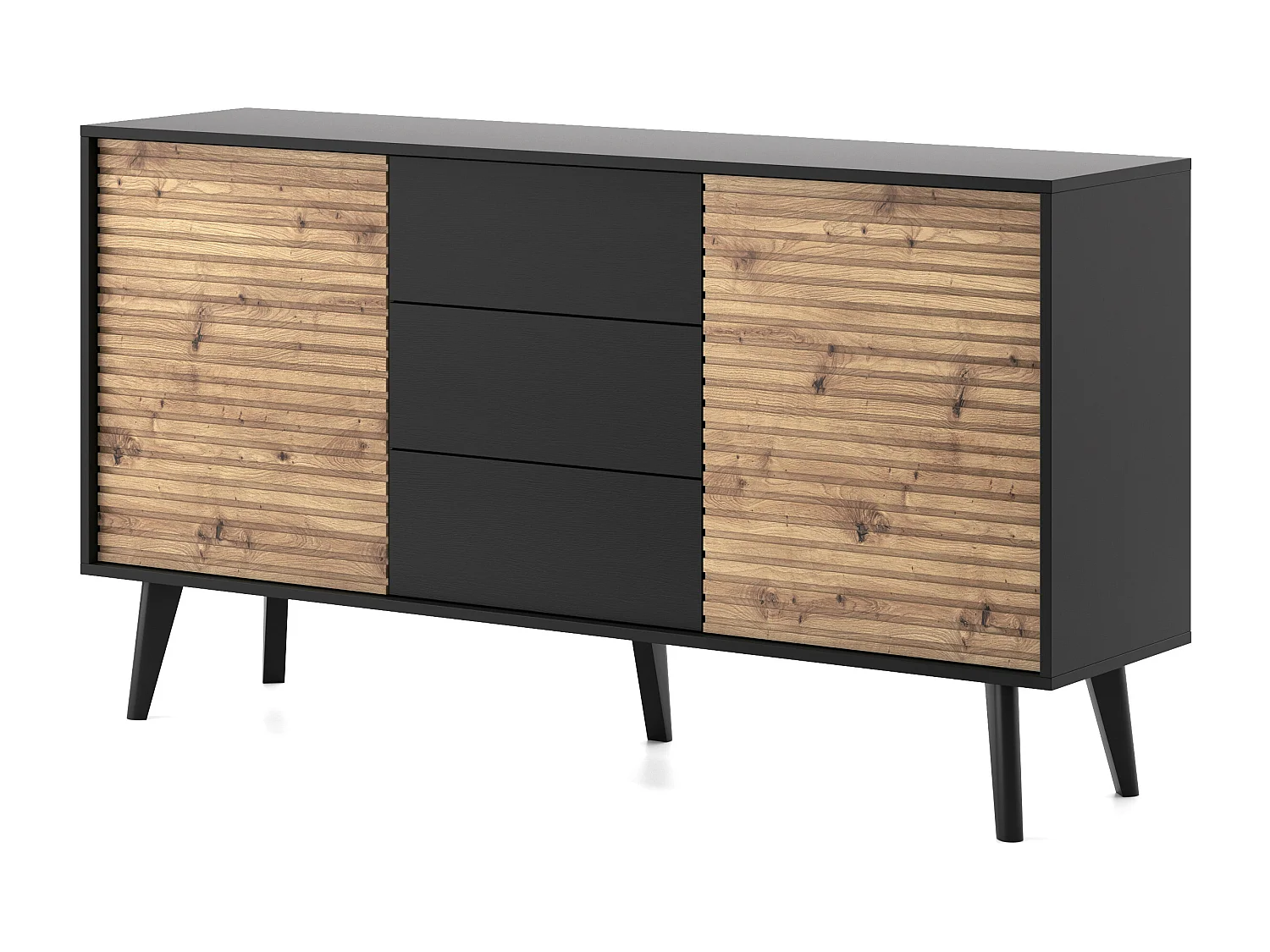 Commode : 3 tiroirs, Noir / Chêne Artisan, 154 x 83 x 39 cm