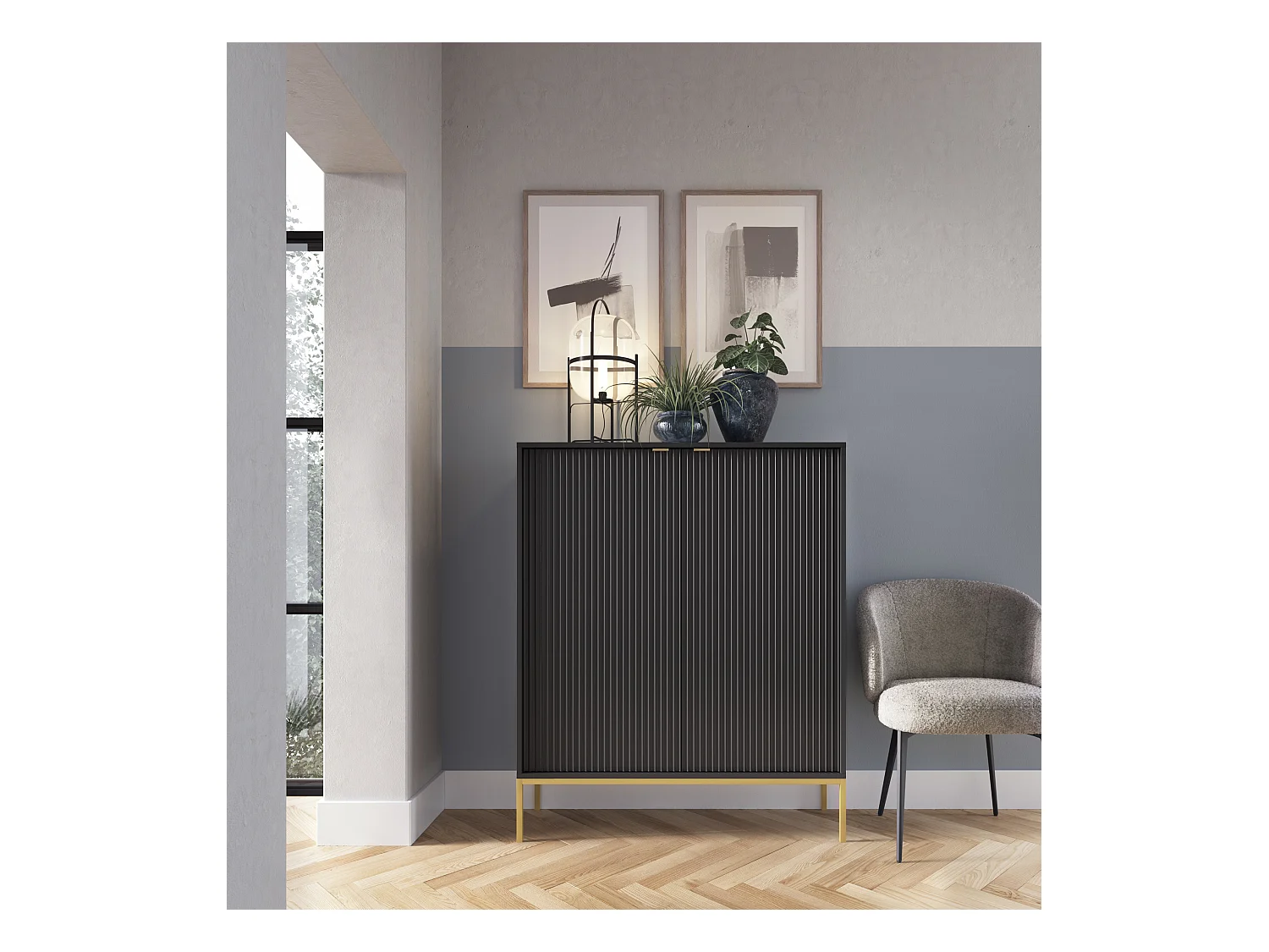 Cômoda: 2 portas, preto, dourado, 104 x 125 x 39 cm, puxadores dourados