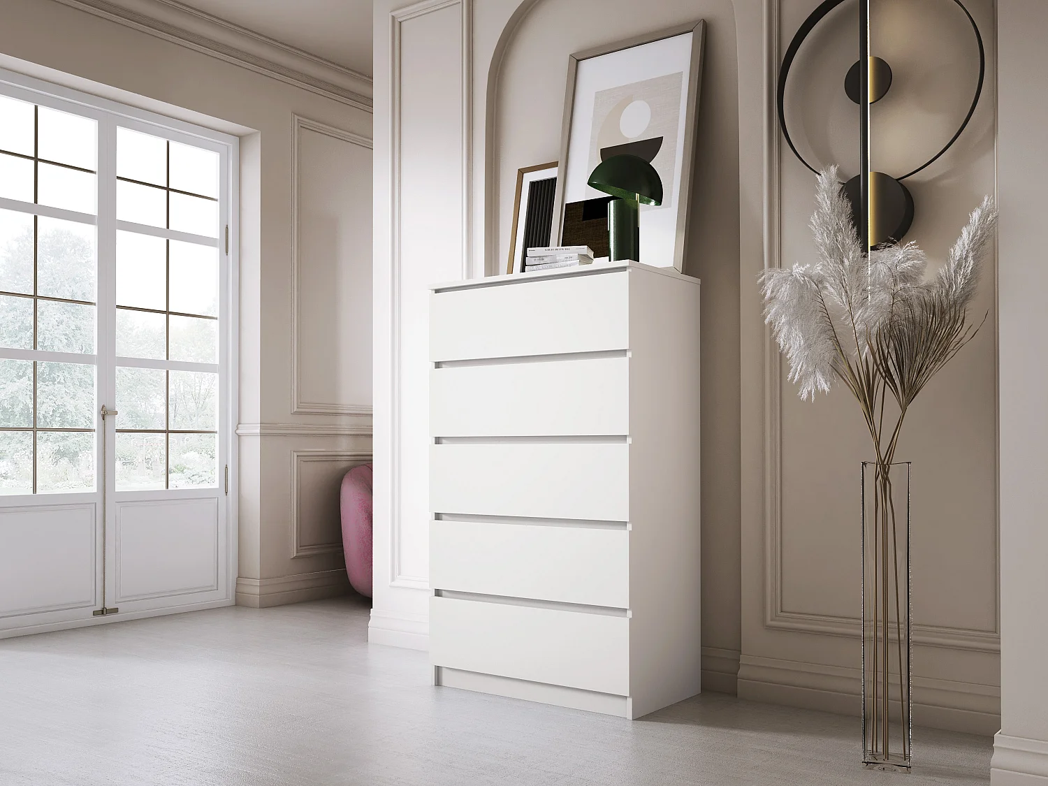 Ladekast met 5 laden: mat wit, 70 x 39 x 125 cm