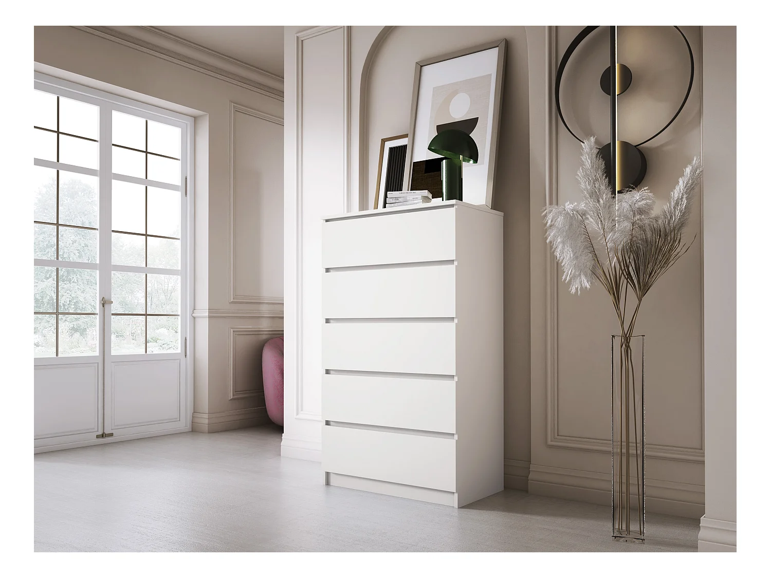 Commode 5 Tiroirs : Blanc Mat, 70 x 39 x 125 cm