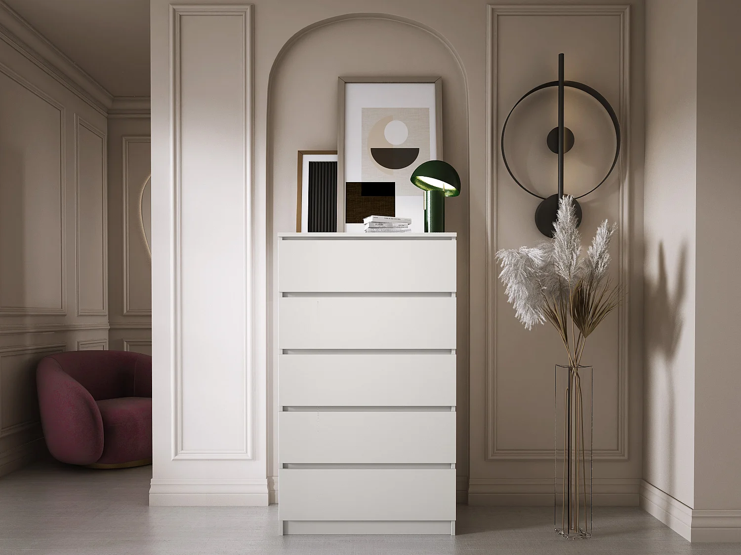 Commode 5 Tiroirs : Blanc Mat, 70 x 39 x 125 cm