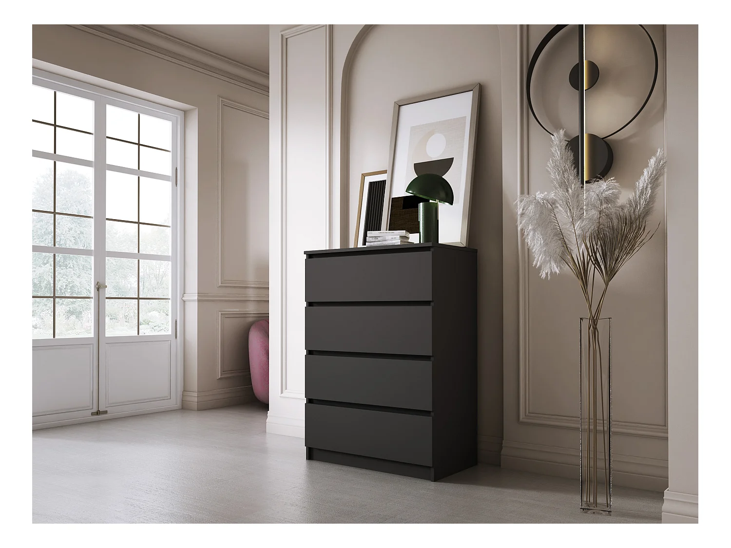 Commode 4 Tiroirs, Noir Mat, 70 x 39 x 101 cm