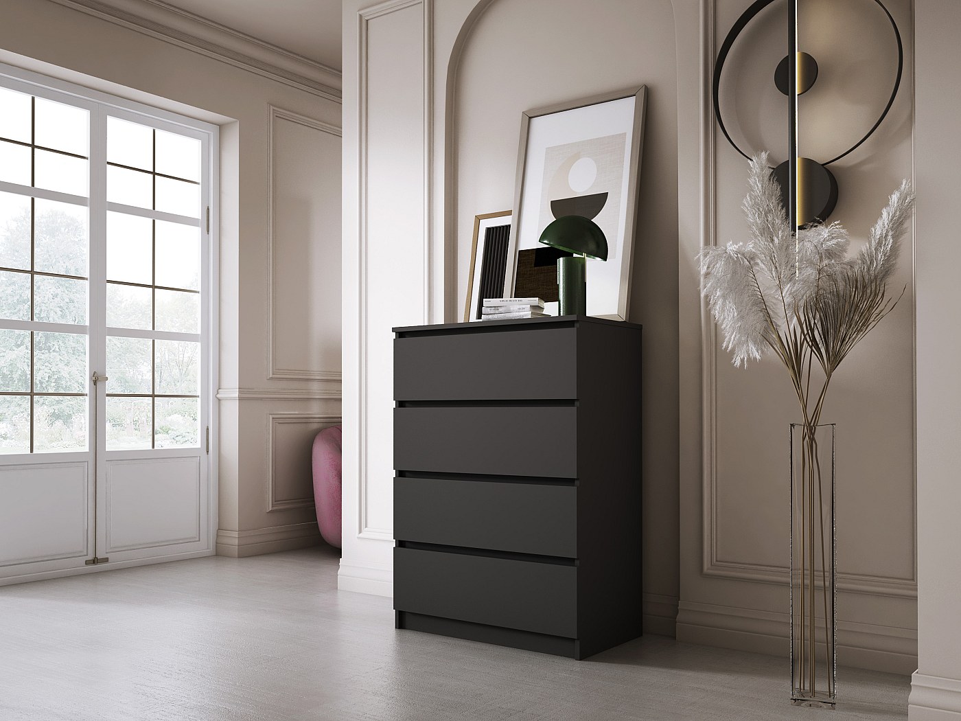 Cassettiera 40x89h cm top effetto rovere selvatico con 4 cassetti in tessuto e struttura in acciaio