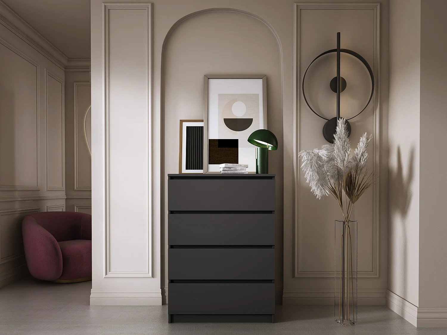 Commode 4 Tiroirs, Noir Mat, 70 x 39 x 101 cm