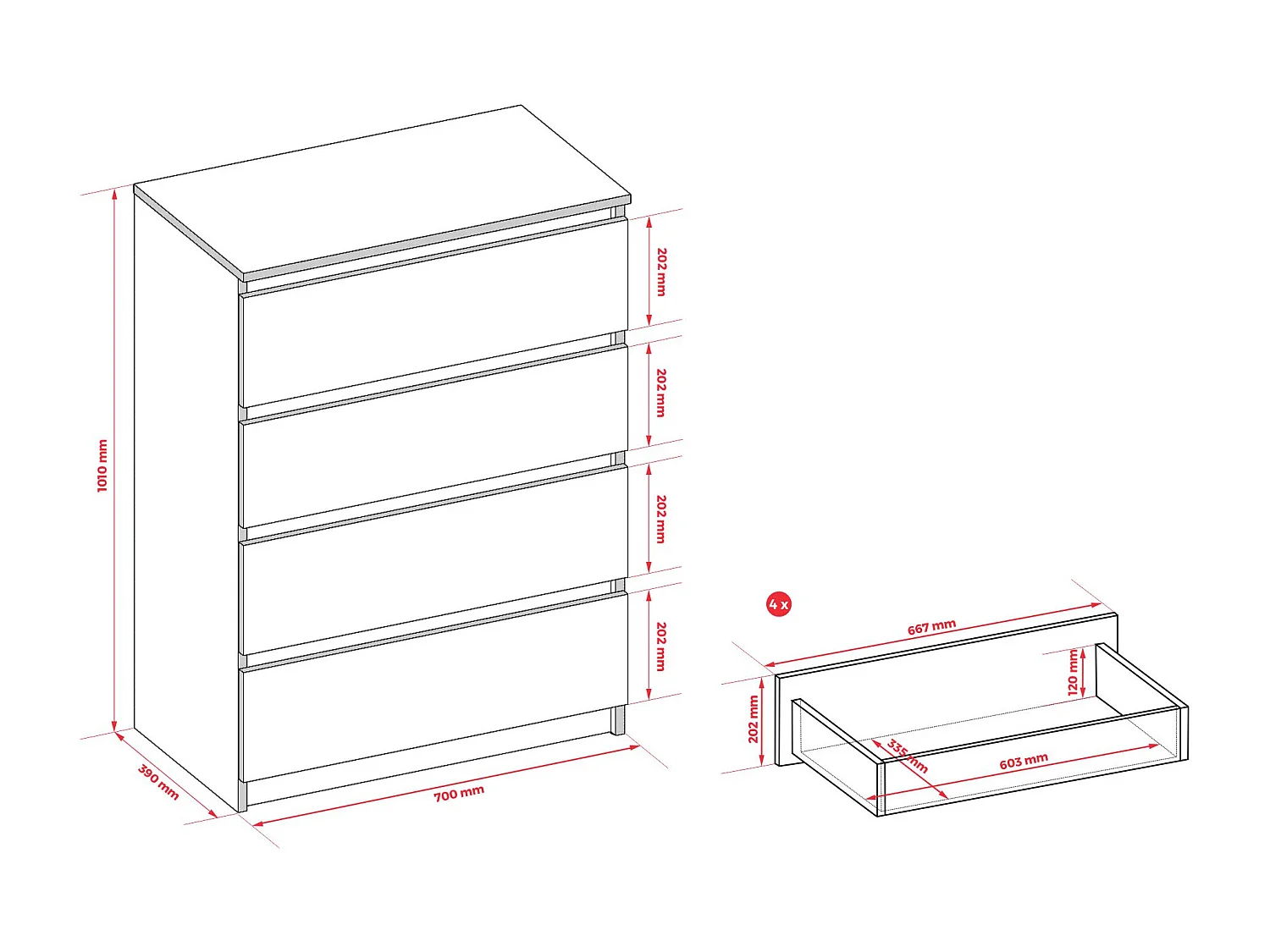 Commode 4 Tiroirs, Noir Mat, 70 x 39 x 101 cm