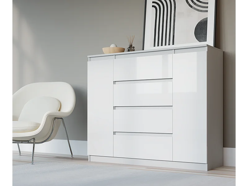 Kommode: Mattweiß / Hochglanzweiß, 120 x 39 x 101 cm, 2 Türen, 4 Schubladen