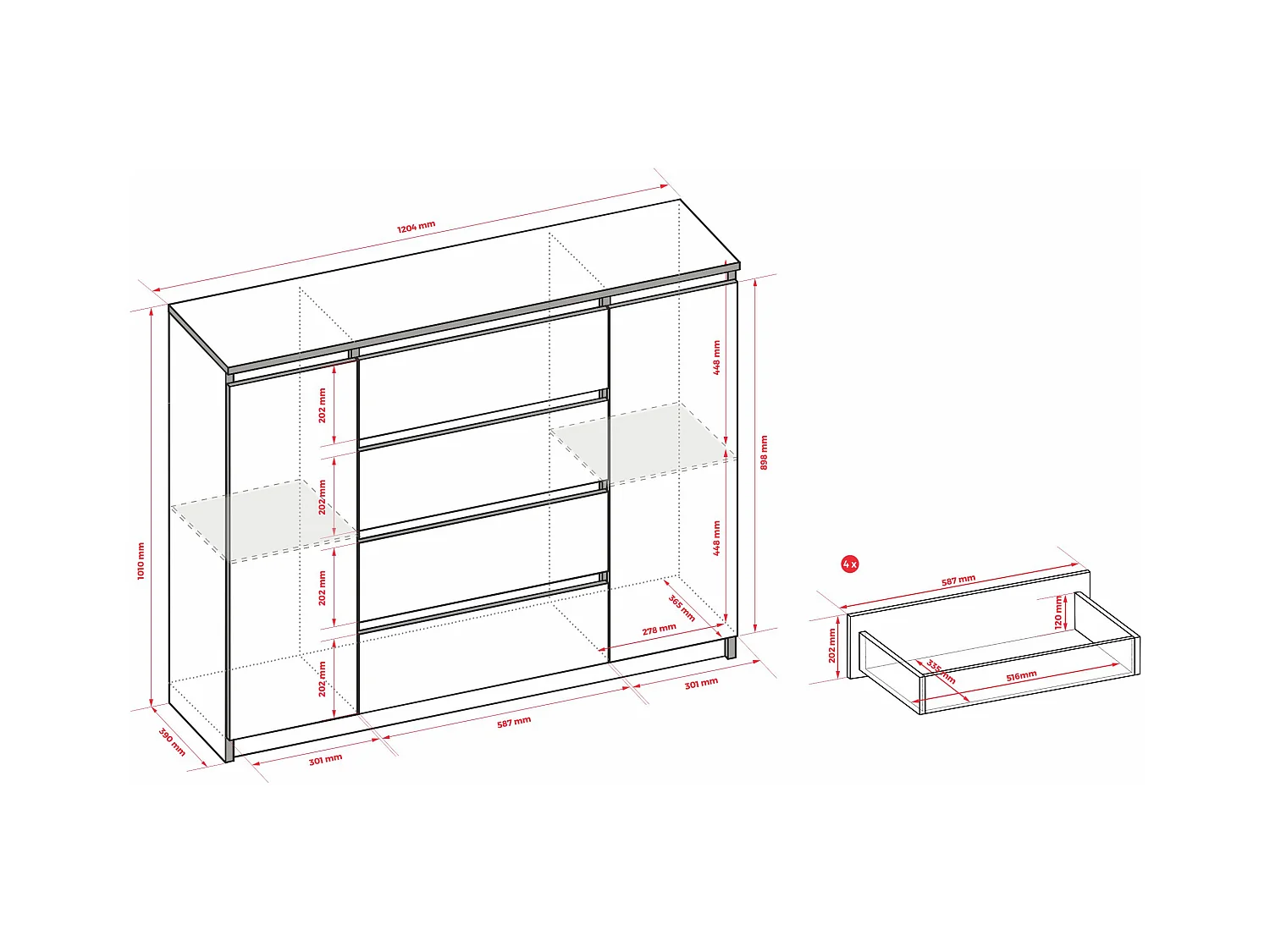 Kommode: Mattweiß / Hochglanzweiß, 120 x 39 x 101 cm, 2 Türen, 4 Schubladen