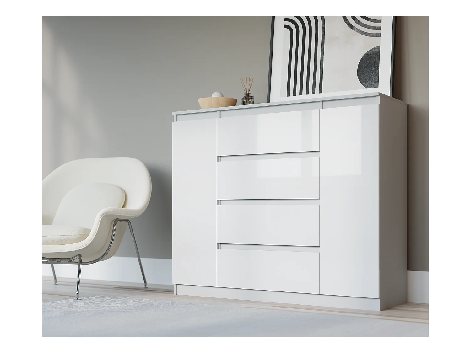 Commode : Blanc Mat / Blanc Brillant, 120 x 39 x 101 cm, 2 Portes, 4 Tiroirs