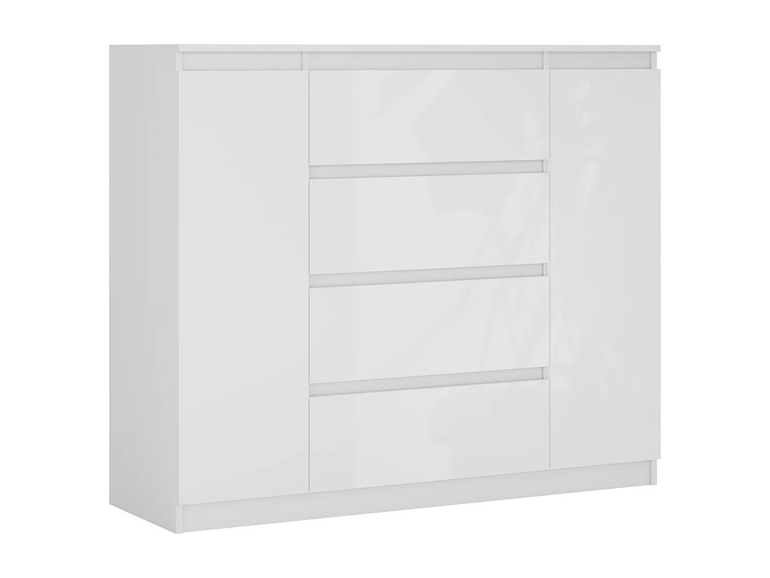 Commode : Blanc Mat / Blanc Brillant, 120 x 39 x 101 cm, 2 Portes, 4 Tiroirs