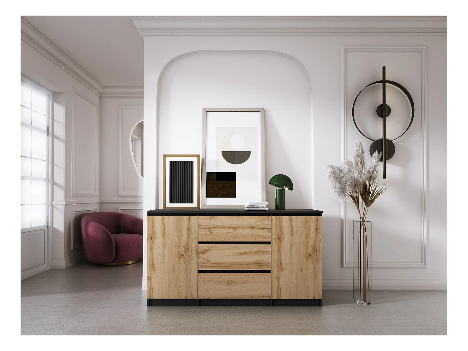 Komoda: Czarny Mat / Dąb Wotan, 140 x 78 x 39 cm, 3 szuflady, 2 drzwi