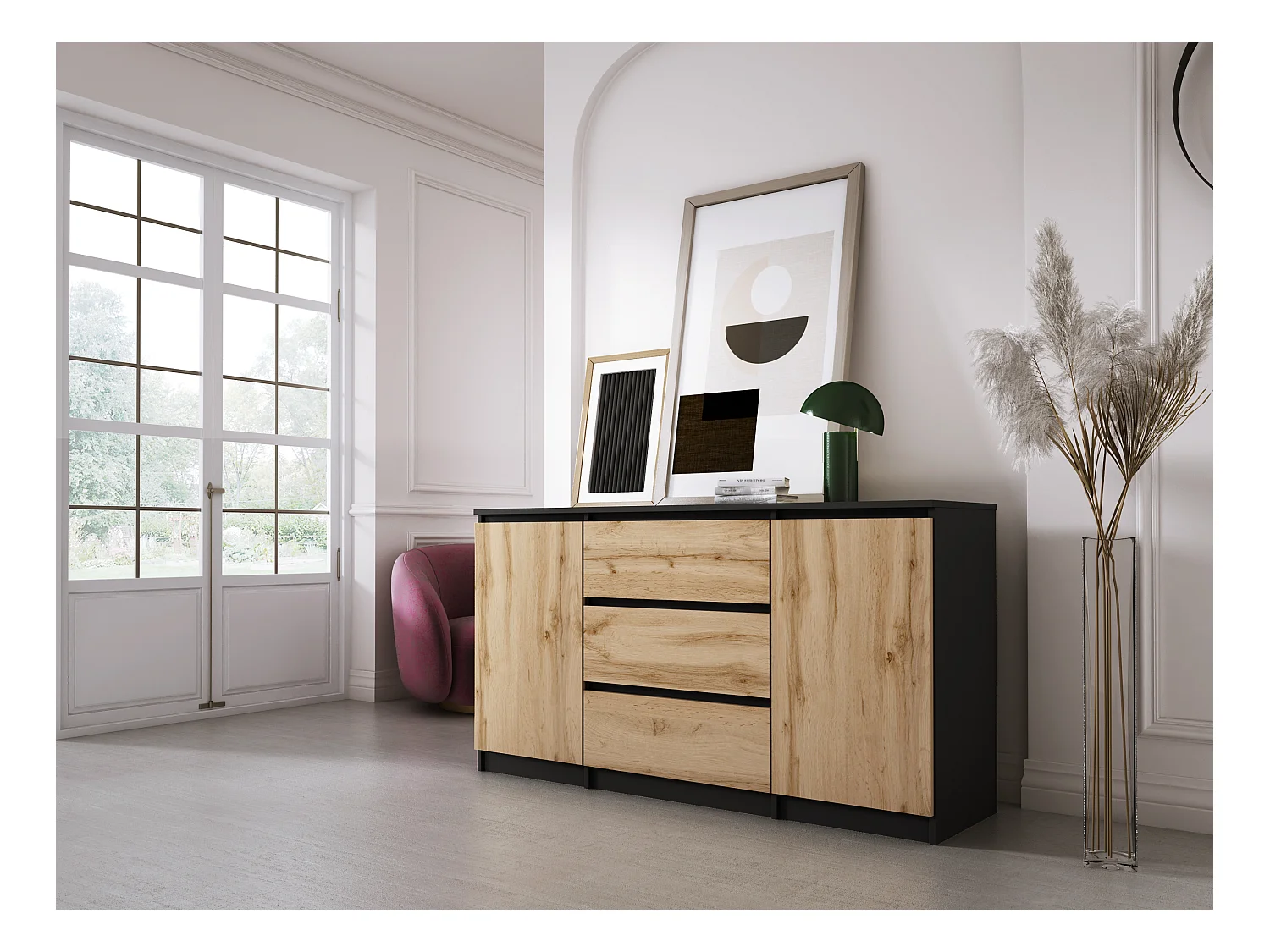Kommode: Mattschwarz / Wotan-Eiche, 140 x 78 x 39 cm, 3 Schubladen, 2 Türen