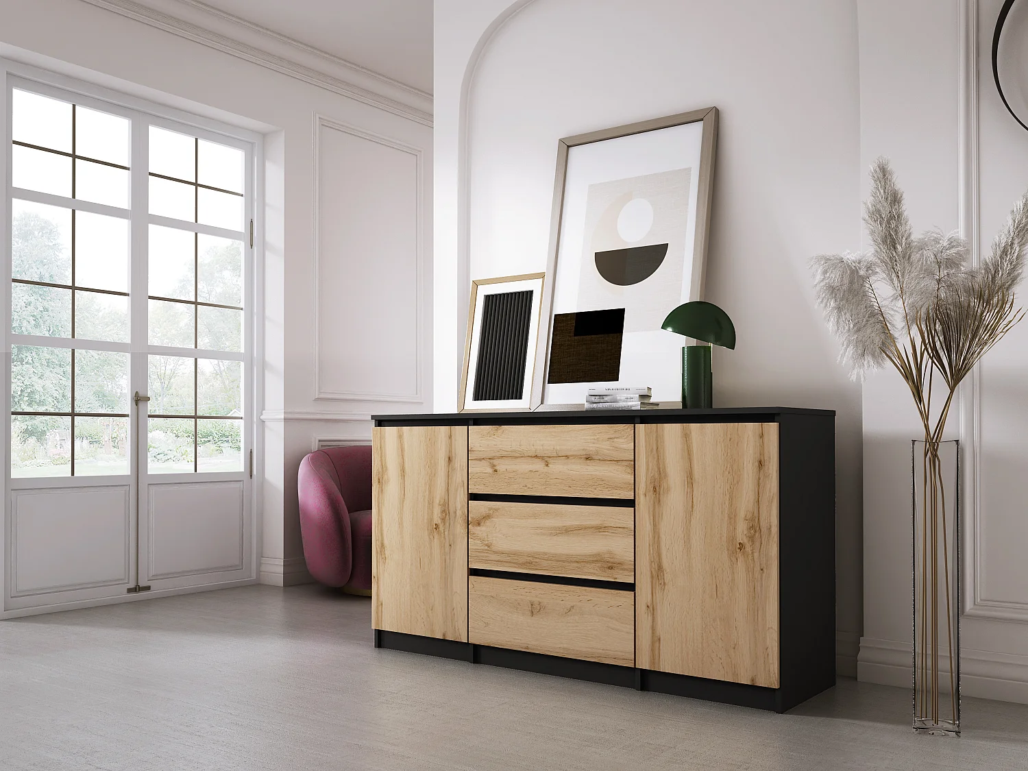 Commode : Noir Mat / Chêne Wotan, 140 x 78 x 39 cm, 3 tiroirs, 2 portes