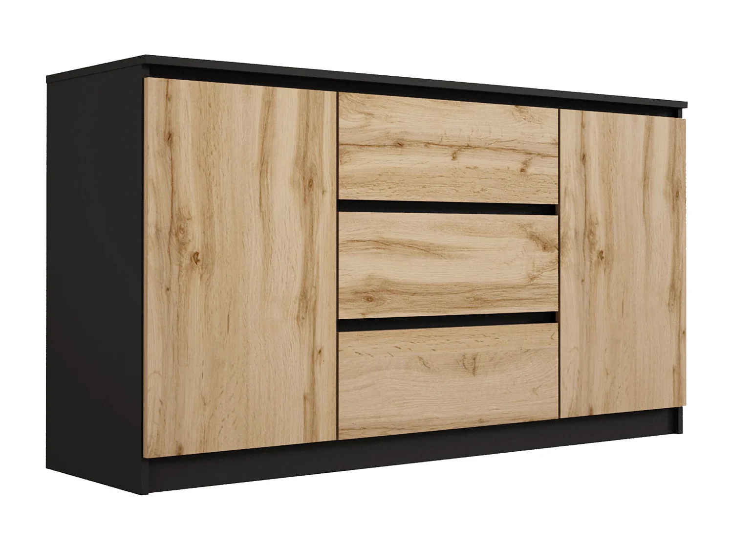 Commode : Noir Mat / Chêne Wotan, 140 x 78 x 39 cm, 3 tiroirs, 2 portes