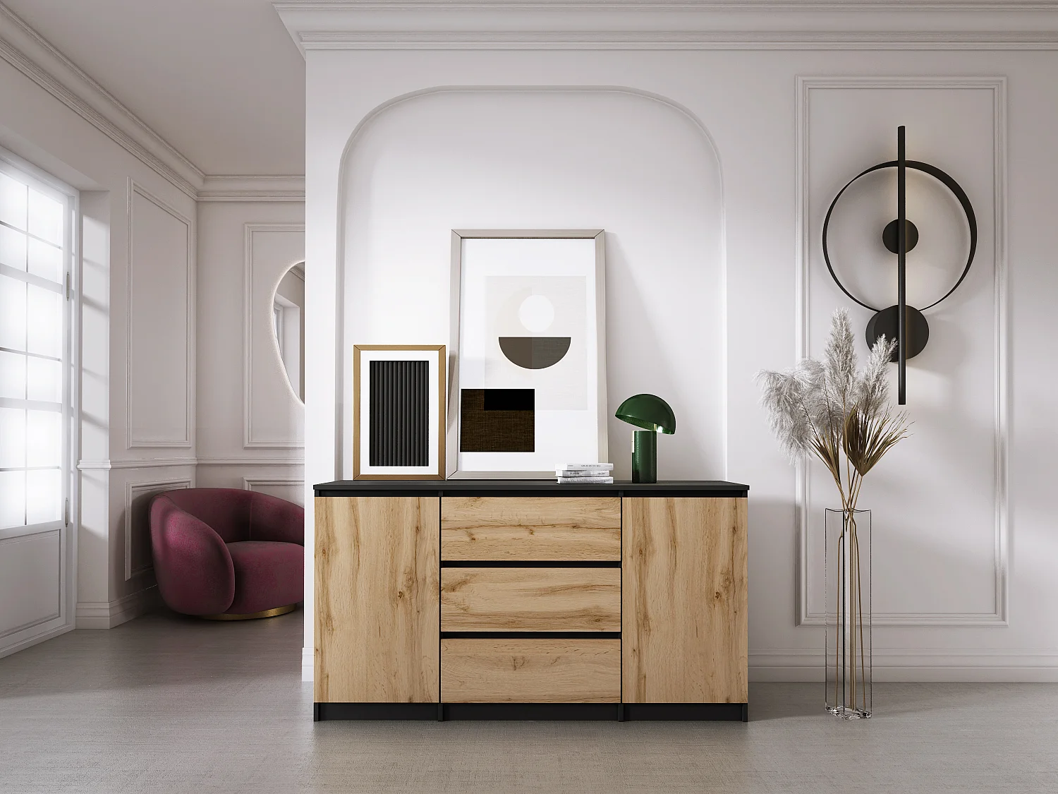 Commode : Noir Mat / Chêne Wotan, 140 x 78 x 39 cm, 3 tiroirs, 2 portes