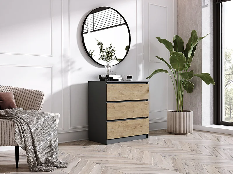 Ladekast met 3 laden: Antraciet / Lancelot Eiken, 70 x 39 x 79 cm