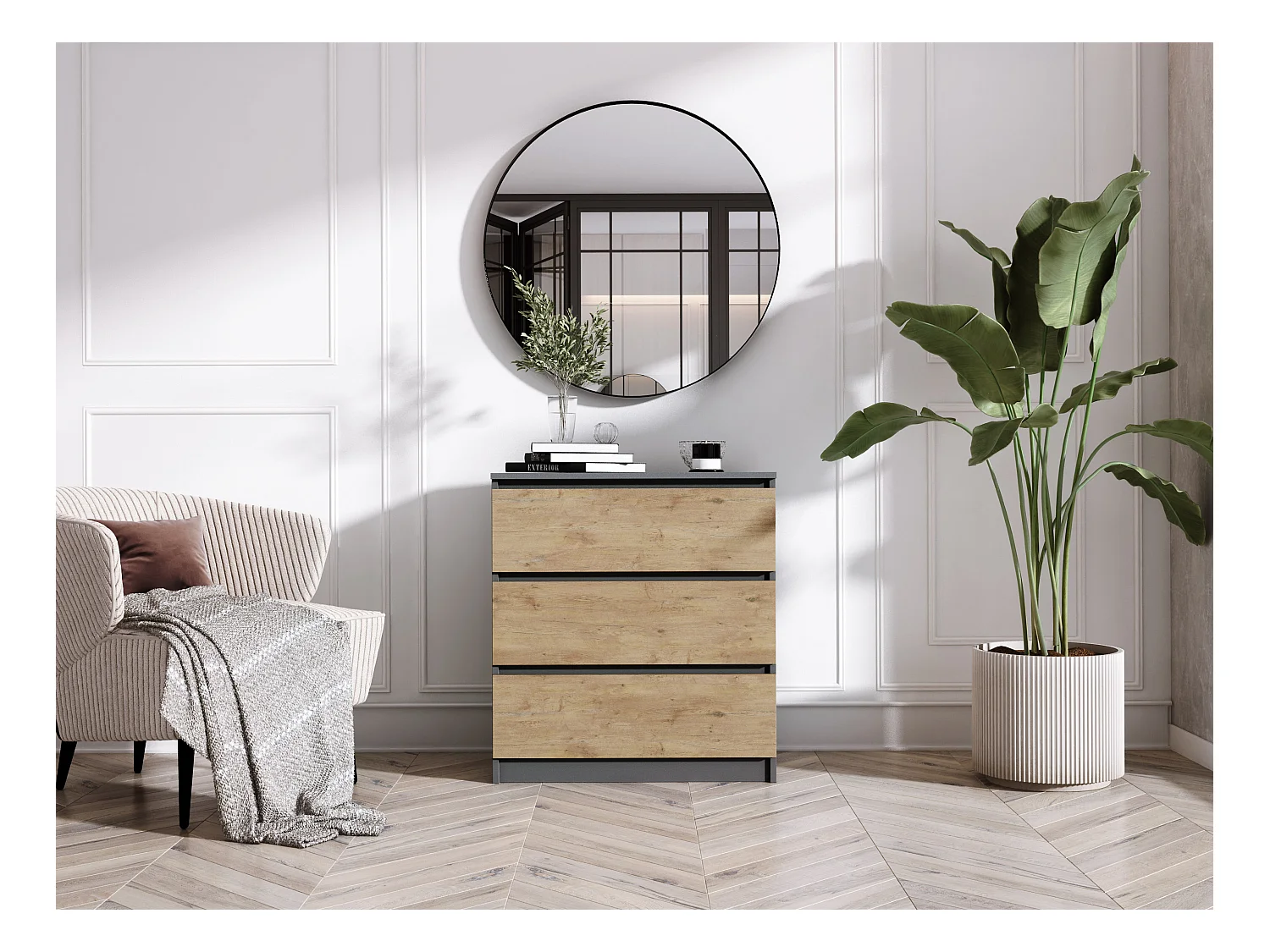 Kommode mit 3 Schubladen: Anthrazit/Lancelot-Eiche, 70 x 39 x 79 cm