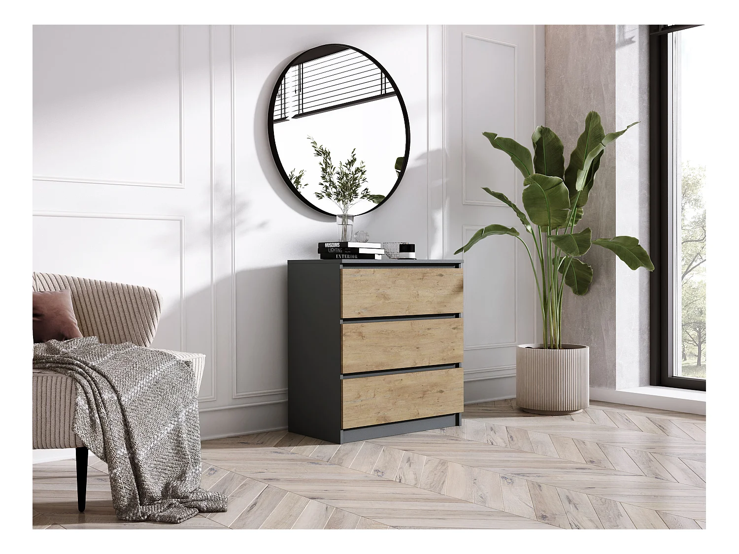 Commode 3 Tiroirs : Anthracite / Chêne Lancelot, 70 x 39 x 79 cm