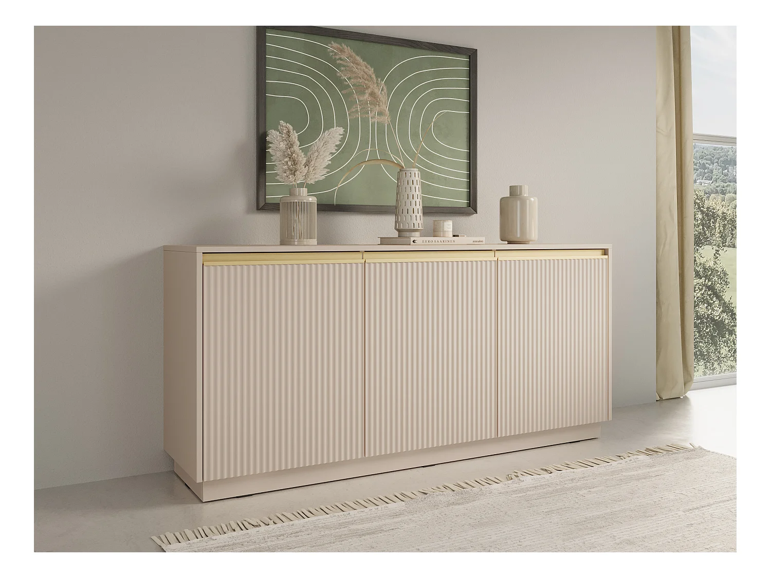 Commode : 3 portes, 6 étagères, Beige sable, 153,4 cm x 71,6 cm x 39 cm