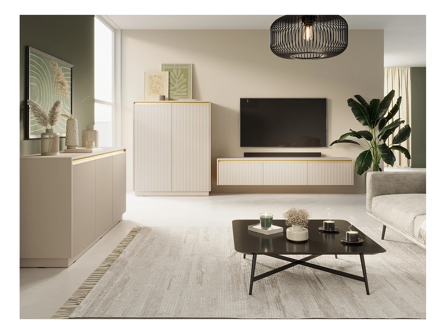 Commode : 3 portes, 6 étagères, Beige sable, 153,4 cm x 71,6 cm x 39 cm