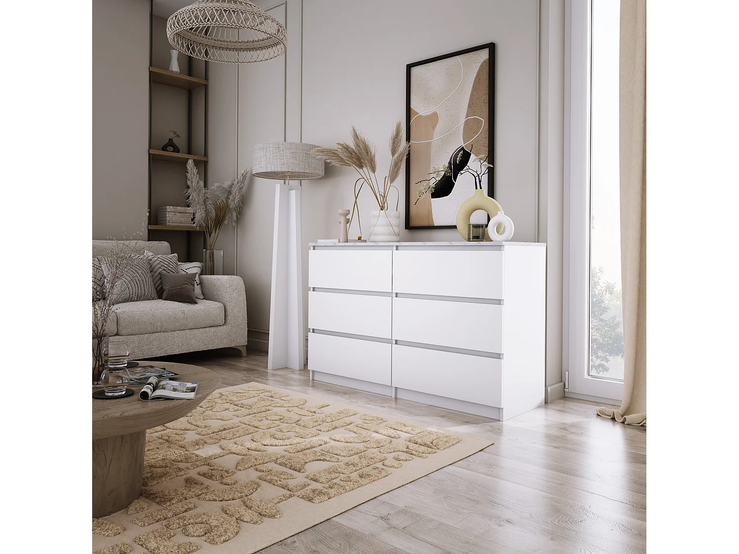 Kommode mit 6 Schubladen: Mattweiß / TOP Marmorweiß, 120 x 78,5 x 39 cm