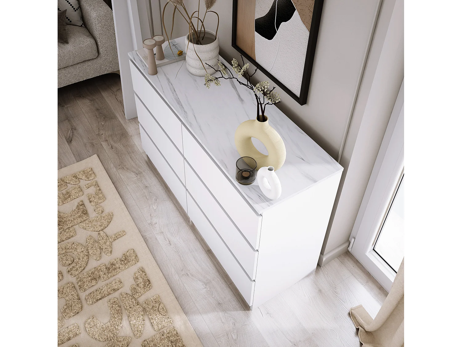 Kommode mit 6 Schubladen: Mattweiß / TOP Marmorweiß, 120 x 39 x 79 cm