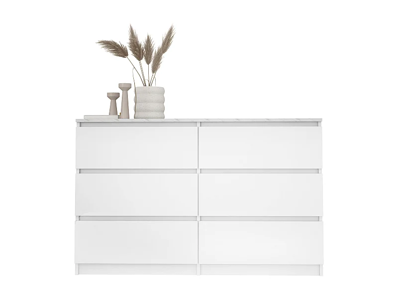 Commode 6 Tiroirs : Blanc Mat / Blanc marbre TOP, 120 x 78,5 x 39 cm