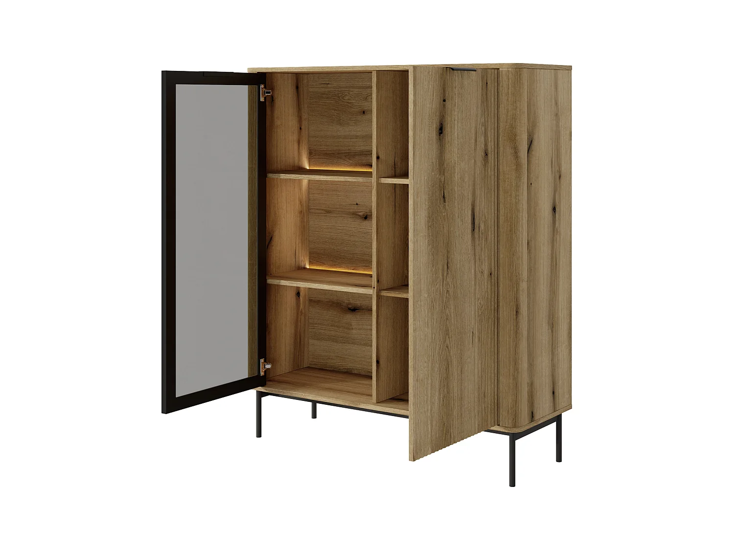 Vitrine: 2 deuren, Evoked Oak, zwarte poten, LED-verlichting, 134,1 x 113,2 x 38 cm