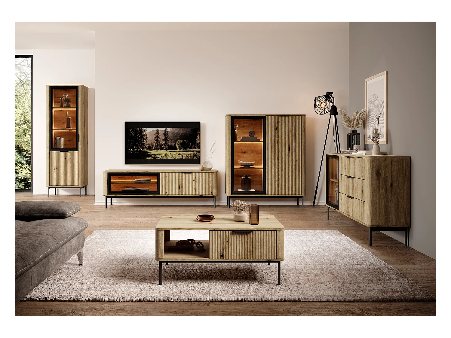 Vitrine: 2 deuren, Evoked Oak, zwarte poten, LED-verlichting, 134,1 x 113,2 x 38 cm