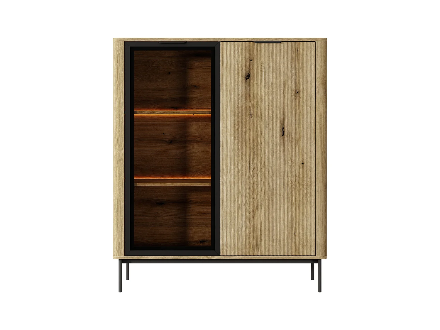 Vitrine: 2 Türen, evozierte Eiche, schwarze Beine, LED-Beleuchtung, 134,1 x 113,2 x 38 cm