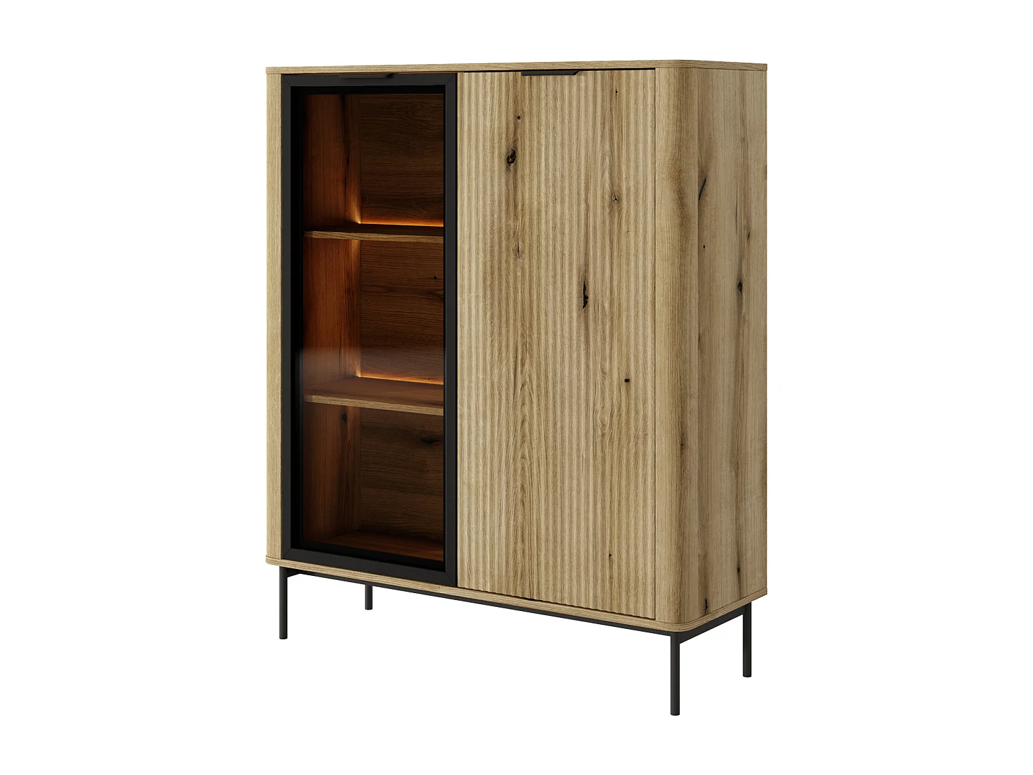 Witryna: 2 drzwi, dąb ewokowany, czarne nogi, oświetlenie LED, 134,1 x 113,2 x 38 cm