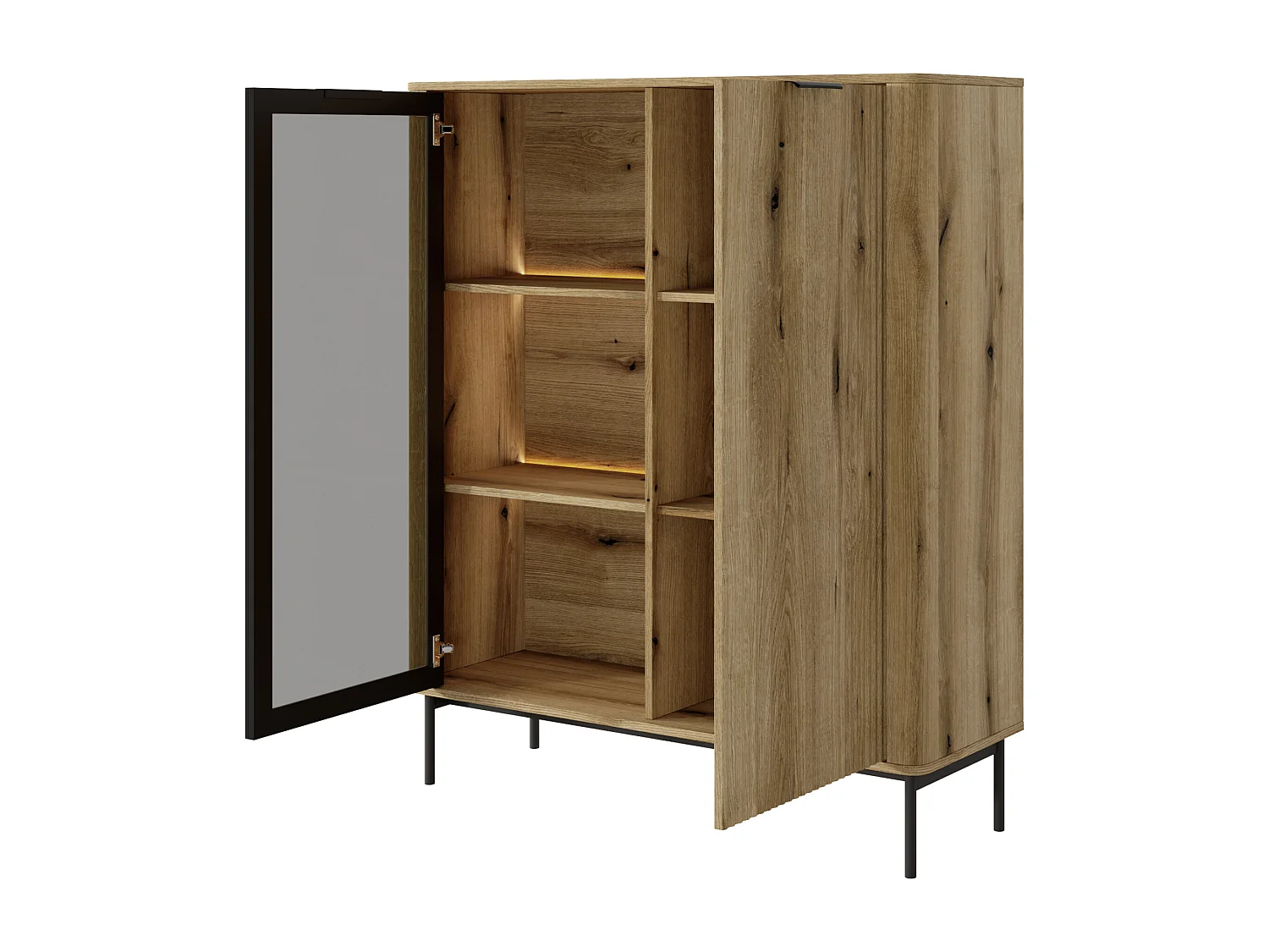 Witryna: 2 drzwi, dąb ewokowany, czarne nogi, oświetlenie LED, 134,1 x 113,2 x 38 cm