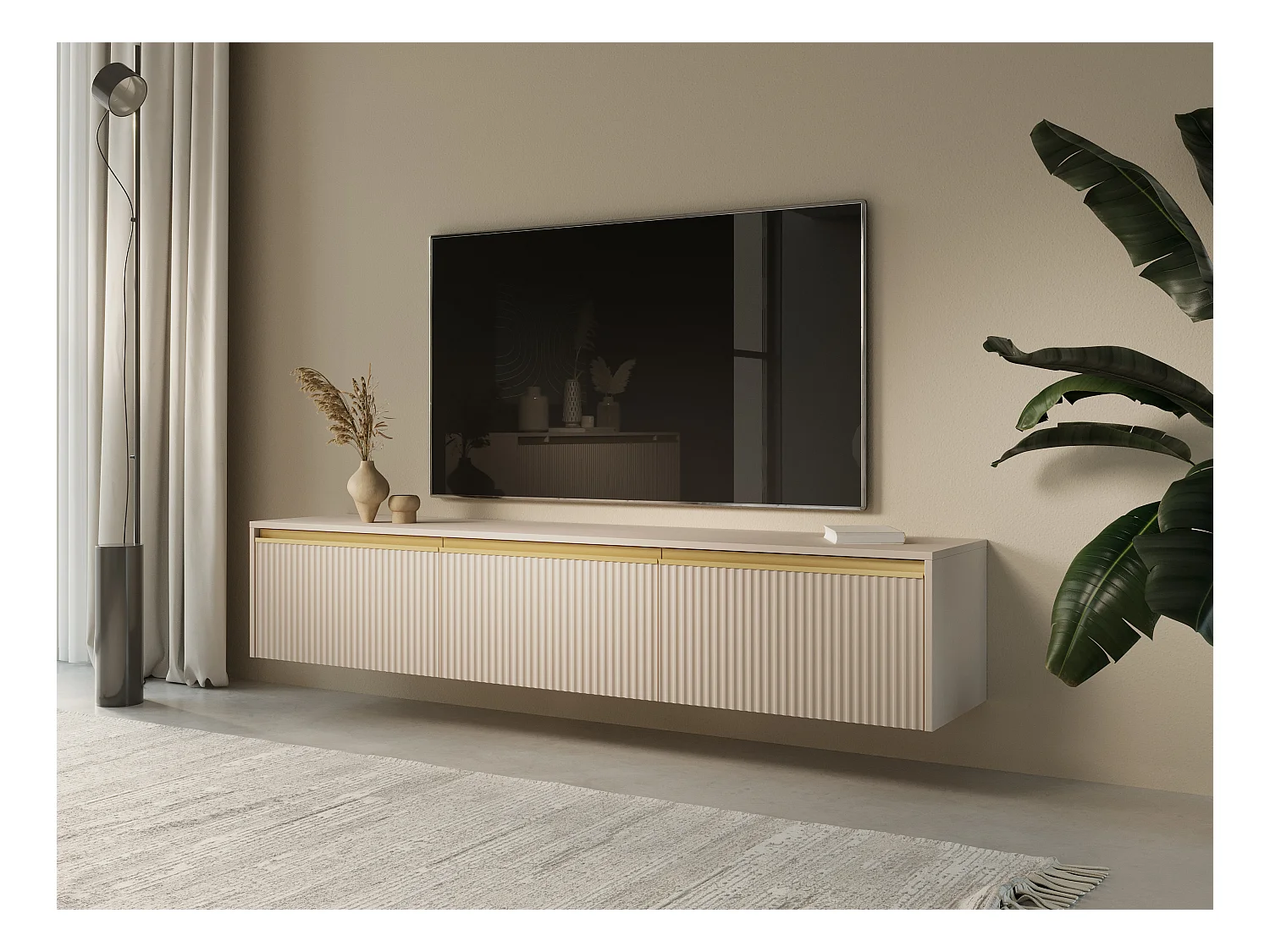 Meuble TV : 3 portes, 3 étagères, Beige sable, 181,5 x 42 cm x 39 cm