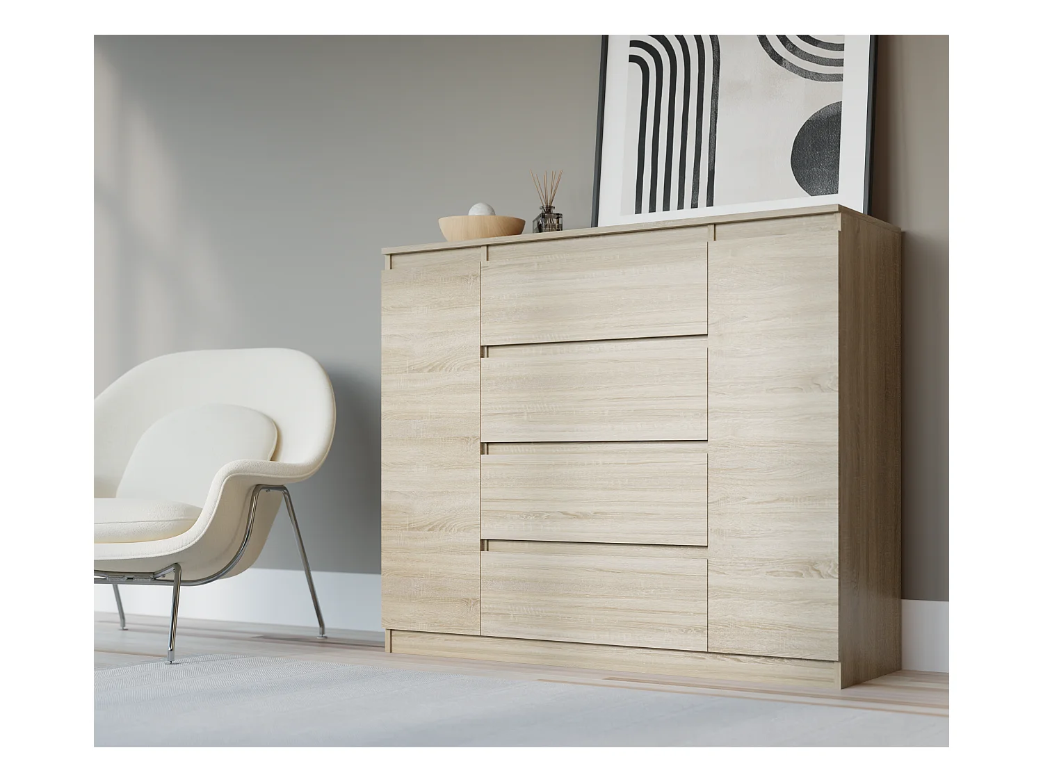 Commode : Chêne Sonoma, 120 x 39 x 101 cm, 2 Portes, 4 Tiroirs