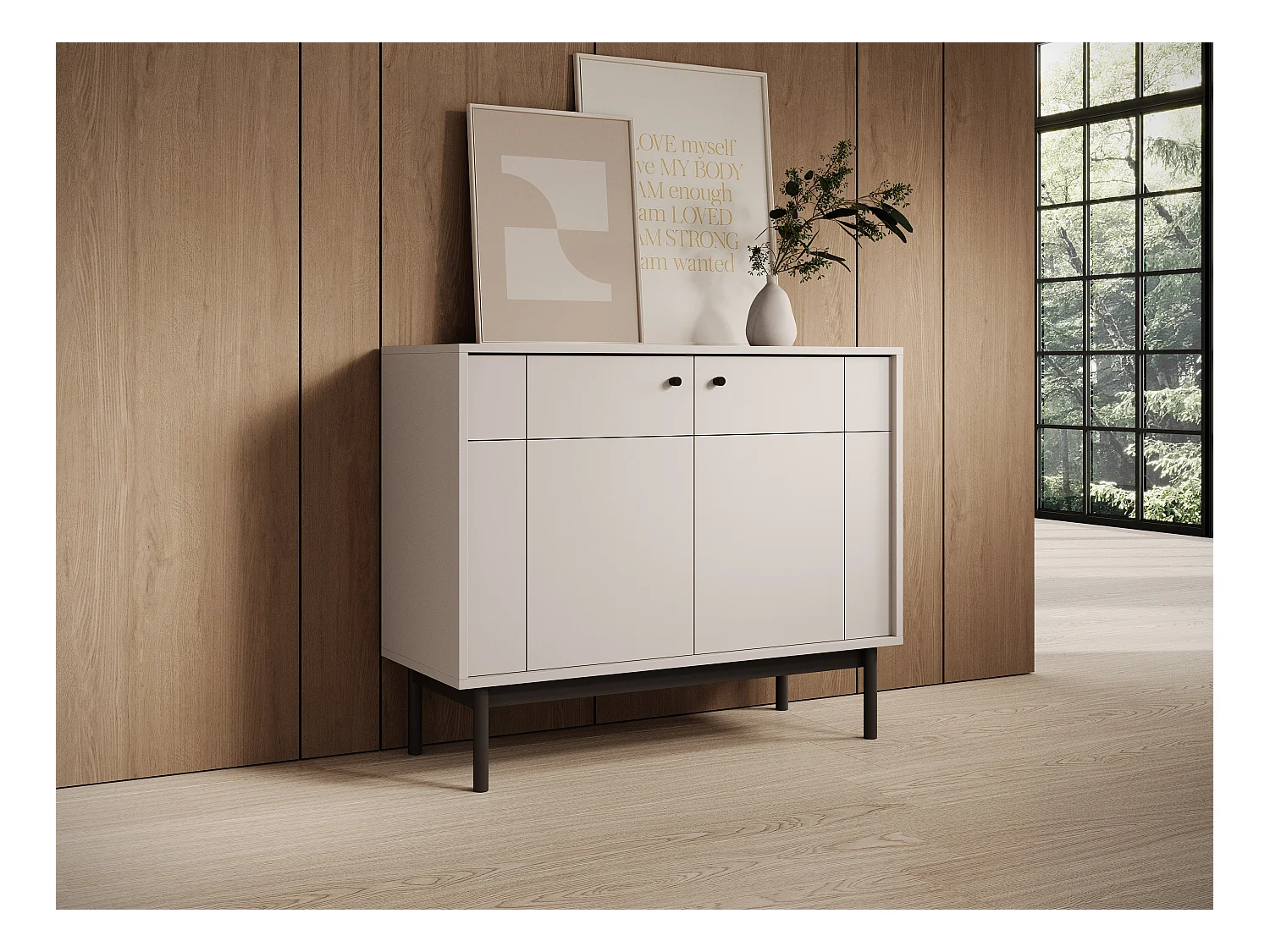 Kommode: 2 Türen, 4 Regale, Kaschmir, schwarze Füße, 103,5 x 83,5 x 39 cm