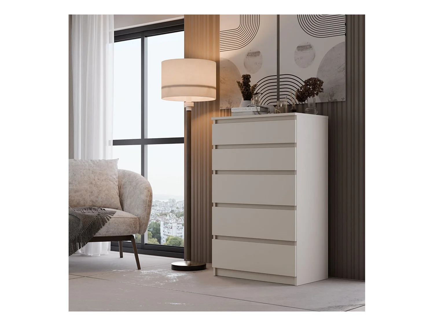 Kommode: 5 Schubladen, Kaschmir, 40 x 101 x 70 cm