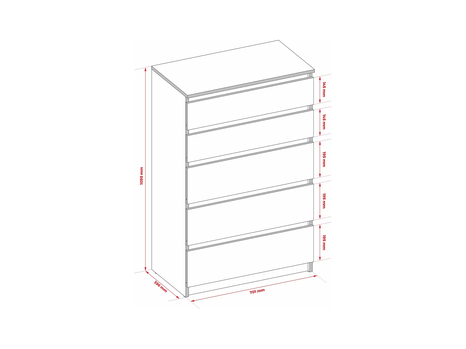Kommode: 5 Schubladen, Kaschmir, 40 x 101 x 70 cm