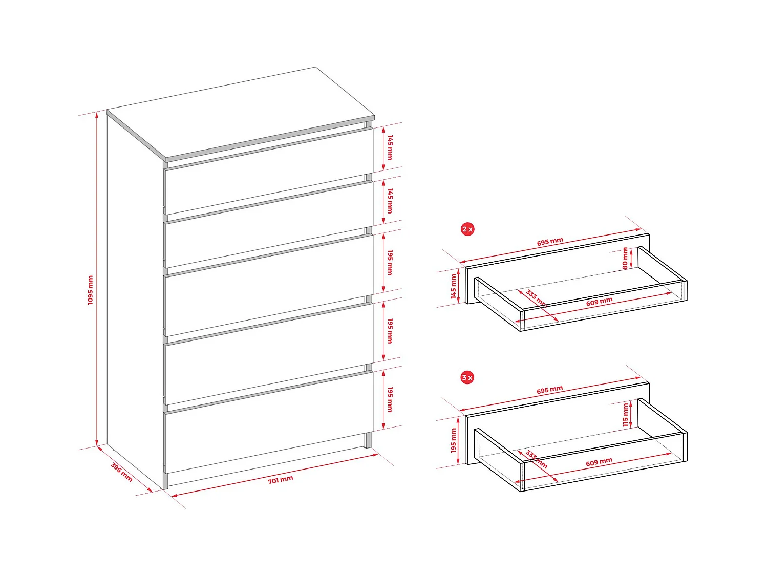 Kommode: 5 Schubladen, Kaschmir, 40 x 101 x 70 cm