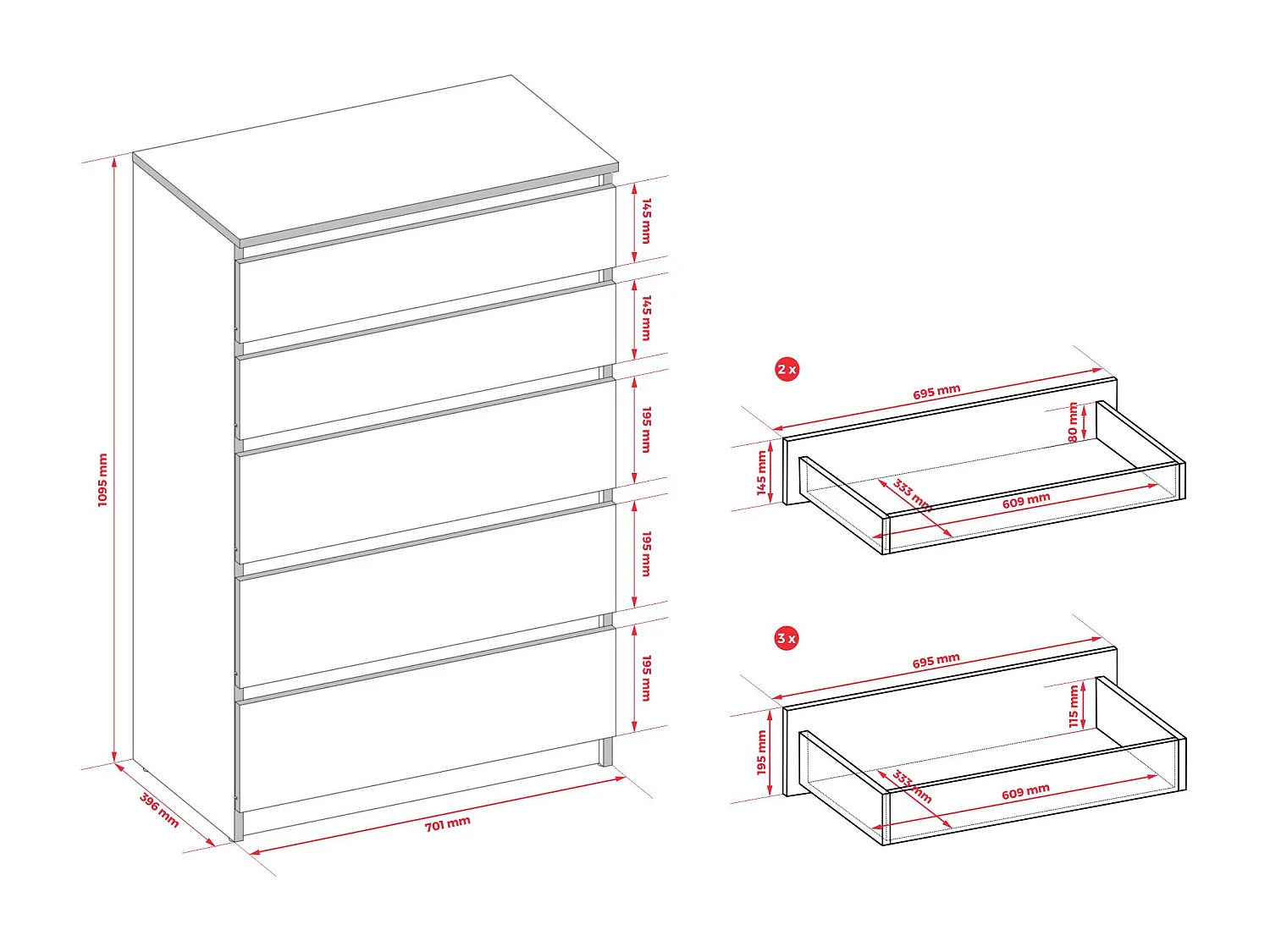 Commode : 5 tiroirs, Cachemire, 40 x 101 x 70 cm