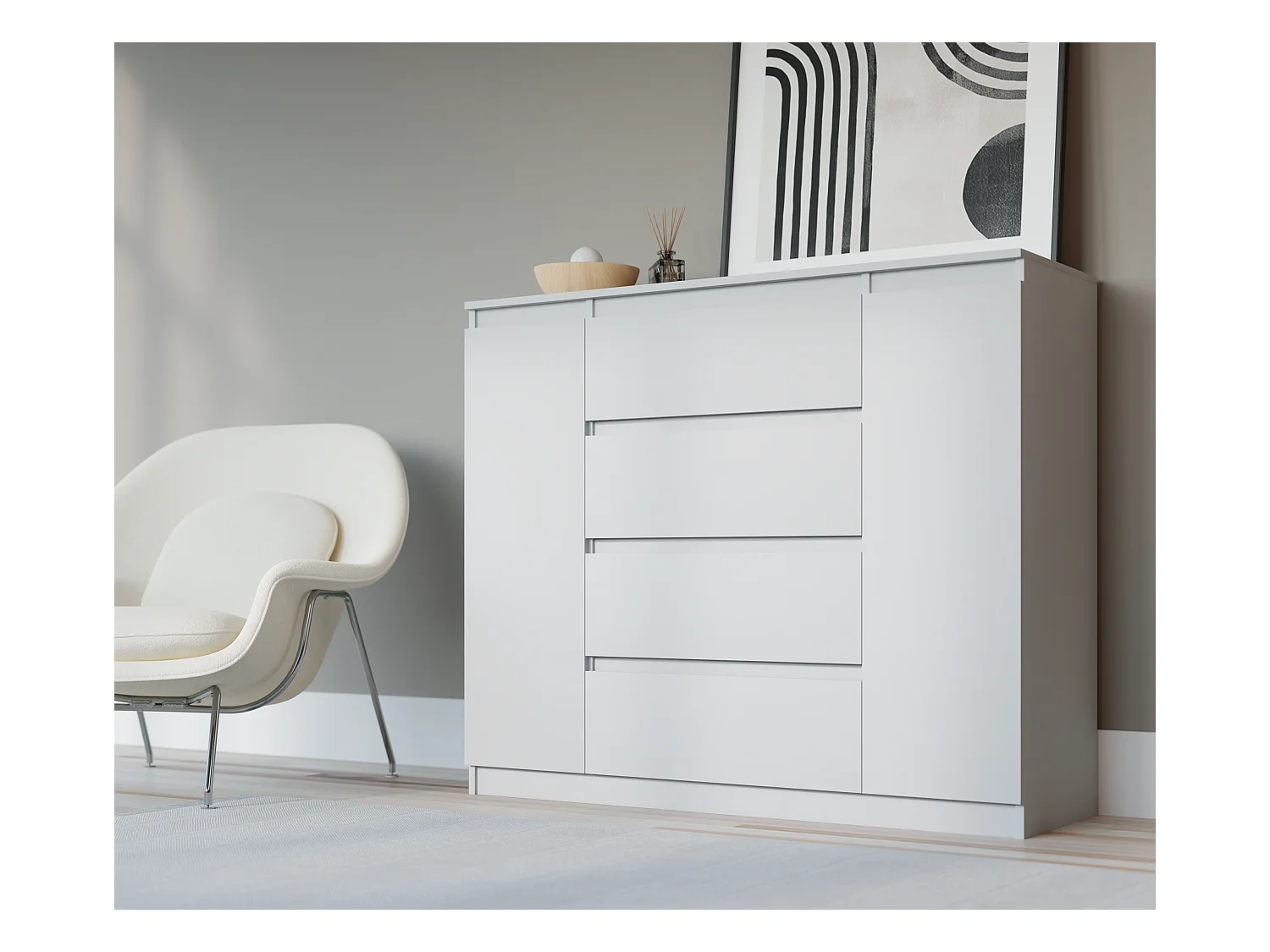 Commode : Blanc Mat, 120 x 39 x 101 cm, 2 Portes, 4 Tiroirs, 2 Portes, 4 Tiroirs