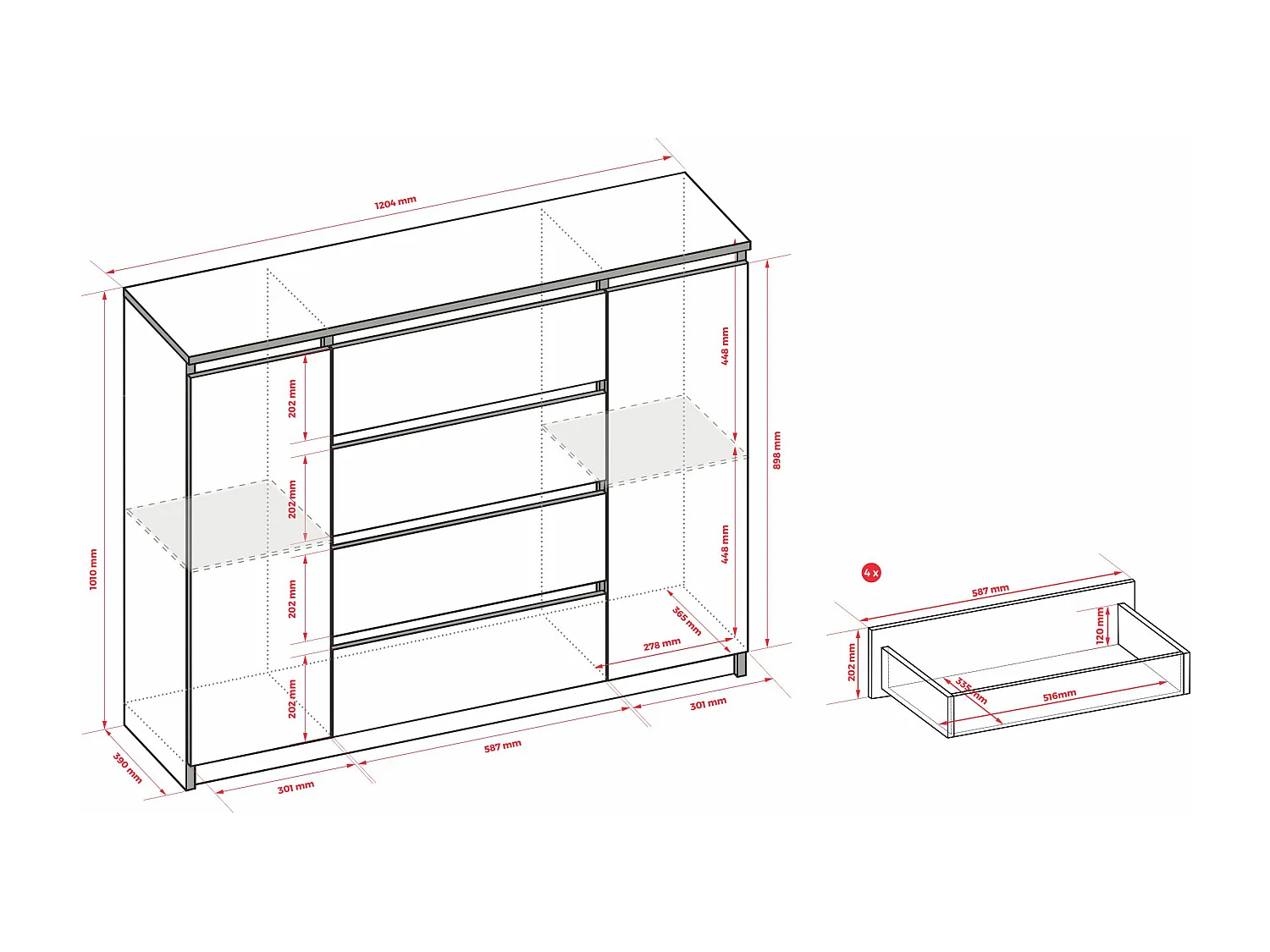 Commode : Blanc Mat, 120 x 39 x 101 cm, 2 Portes, 4 Tiroirs, 2 Portes, 4 Tiroirs